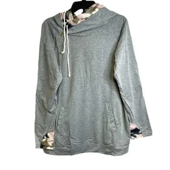 Gray Double Hooded Sweatshirt with Camo Elbow Patch and Inner Hooded 2XL - Picture 10 of 11